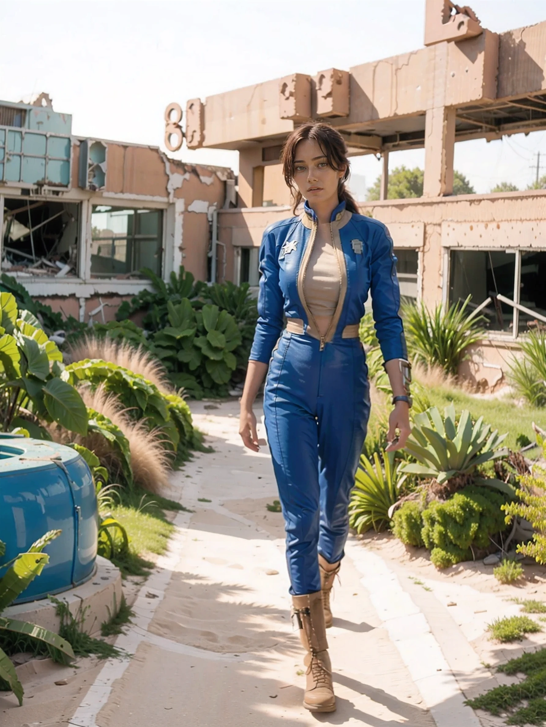 There is an 18 year old girl wearing a blue and gold vaultsuit -Vaultsuit Lucy- walking through a ruined city holding a large fallout gun, in a post-apocalyptic Las-Vegas city, destroyed casino buildings, (overgrown with vegetation), helicopter crash wreak, old rusty 1950's American cars, dead deathclaw mutants vegetation next to buildings. professionally color graded, professional photography, well drawn, masterpiece, hyper realistic, ultra detailed, high quality, best quality, 4k, 8k, raw, detailed