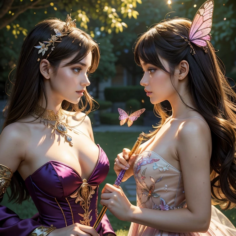 (masterpiece, best quality:1.5), highest quality, High resolution, super detailed, Realists, Upper body photo of a brunette young magical girl, detailed and beautiful eyes, beautiful detailed lips, very detailed eyes and face, longeyelashes, shiny satin dress, Holding a magic wand in your hand, Cast a transformation spell, With her stick she turns the wasps into birds, Glowing wands available,Beautiful and colorful makeup, elegant and noble々The jewelry bag, Gardens as background, soft daylight, bright colors, fine brushstrokes, Portrait style, Silk dress fabric, beautiful color palette, glowing skin, First-class rendering, that captures every detail, enchanting atmosphere, subtle shadows and lights, (perfect anatomy:1.2), (The two stunning magical girls transform spiders into butterflies. (a transformation with the magic wand:1.4), (magnificent panorama view:1.2)