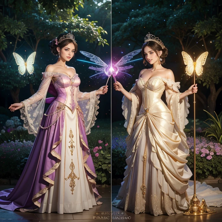 (masterpiece, best quality:1.5), highest quality, High resolution, super detailed, Realists, Upper body photo of a brunette young magical girl, detailed and beautiful eyes, beautiful detailed lips, very detailed eyes and face, longeyelashes, shiny satin dress, Holding a magic wand in your hand, Cast a transformation spell, With her stick she turns the wasps into birds, Glowing wands available,Beautiful and colorful makeup, elegant and noble々The jewelry bag, Gardens as background, soft daylight, bright colors, fine brushstrokes, Portrait style, Silk dress fabric, beautiful color palette, glowing skin, First-class rendering, that captures every detail, enchanting atmosphere, subtle shadows and lights, (perfect anatomy:1.2), (The two stunning magical girls transform spiders into butterflies. (a transformation with the magic wand:1.4), (magnificent panorama view:1.2)