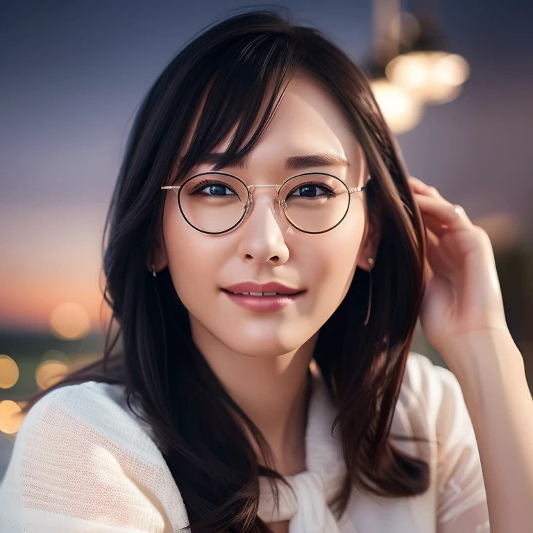 (8k, Highest quality, masterpiece:1.2), (Realistic, photo-Realistic:1.37), Very detailed,((( 1 girl))),alone,Beautiful and detailed sky,Detailed Cafe,night,Sitting,date,(Blushing your nose),(smile:1.15),(Mouth closed) Small breasts,Beautiful and beautiful eyes,(shirt:1.1), night, Wet, rain,White lace, (short hair:1.2),Floating Hair NovaFrogStyle, ((whole body)),stand, sexy, cute、Glasses、
