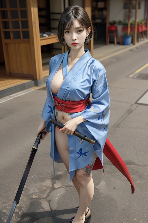 Beautiful Thai-Melanesian woman, (), pretty face, red lips,Athletic feminine body, Female fitness model body, Hard toned feminine body, (muscles: 1.2), (beautiful belly button),
Mixed martial arts, exceptional kung fu fighter, Japanese idol,(wearing cute kimono: 1.3), Red high heels, necklace, earrings, short length,
Short hair, (bob cut), (bangs: 1.2), (coloring),
(holding very large weapon, wearing very large weapon, standing with very large weapon, raising very large weapon: 1.4),(kung fu fighter in fighting position),(tattoos all over body, 80% of body covered in Japanese tattoos: 1.4),masterpiece, perfect lighting, ultra high resolution, 32K, (highly detailed: 1.4), From the front, looking at the camera, melancholy expression,(Tokyo city, many people in the background),Too beautiful sniper,Beautiful nipples,A beautiful assassin,A kimono combat uniform with a plain pattern and mainly indigo blue,