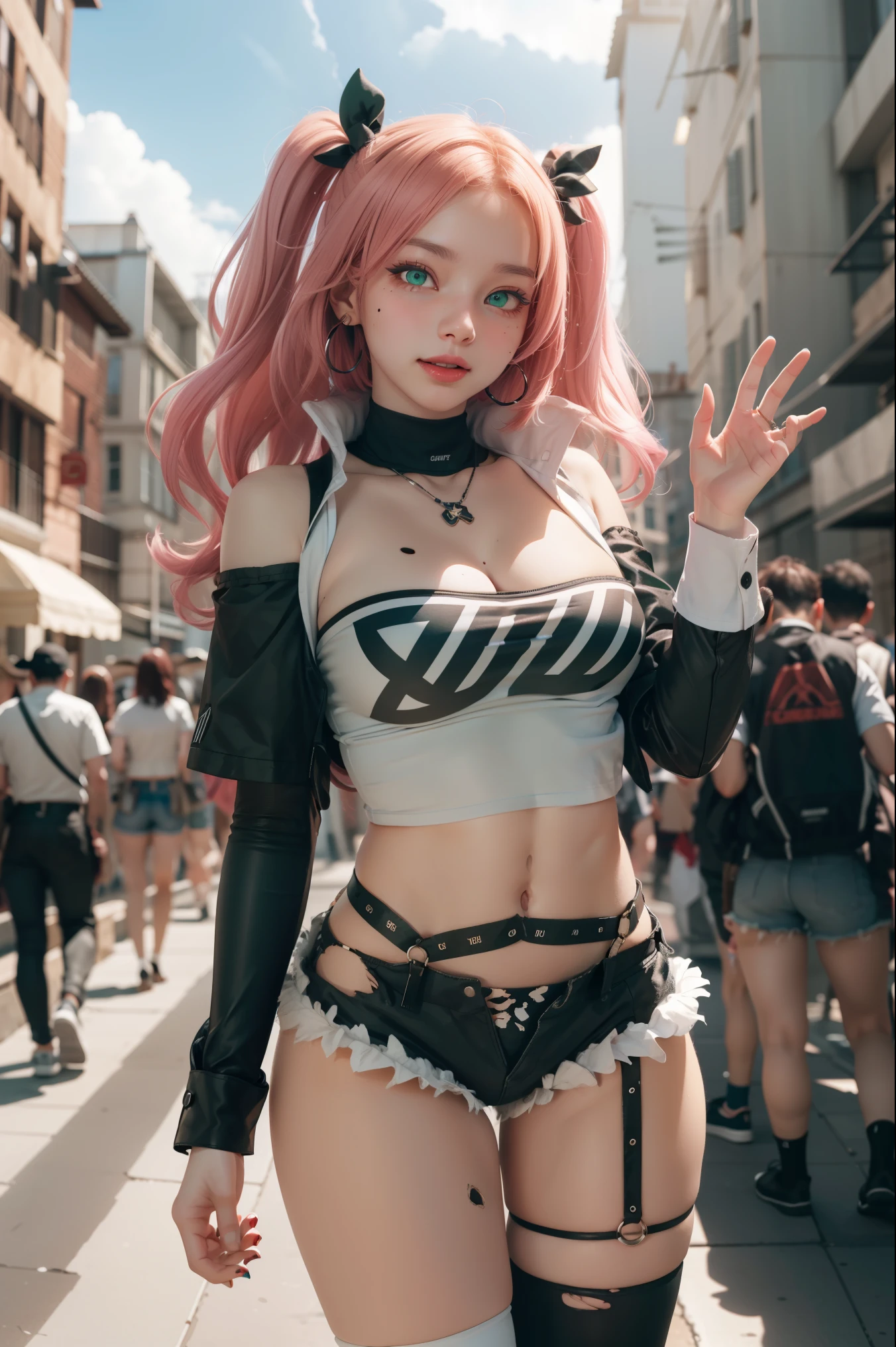 nicoledemara, nicole demara, (green eyes:1.5), pink hair, hair ornament, hair ribbon, hairclip, long hair, mole, mole on breast, mole on thigh, mole under eye, two side up, ribbon, smirk, smile, open mouth,
BREAK black footwear, black ribbon, black shorts, black socks, black thighhighs, boots, cleavage, crop top, earrings, jewelry, kneehighs, nail polish, necklace, o-ring, short shorts, shorts, single kneehigh, single sock, single thighhigh, socks, thigh strap, thighhighs, torn clothes, two side up,
BREAK outdoors, city, sky, clouds, sun, buildings, crowd, people, alley,
BREAK looking at viewer, (cowboy shot:1.5),
BREAK (masterpiece:1.2), best quality, high resolution, unity 8k wallpaper, (illustration:0.8), (beautiful detailed eyes:1.6), extremely detailed face, perfect lighting, extremely detailed CG, (perfect hands, perfect anatomy),