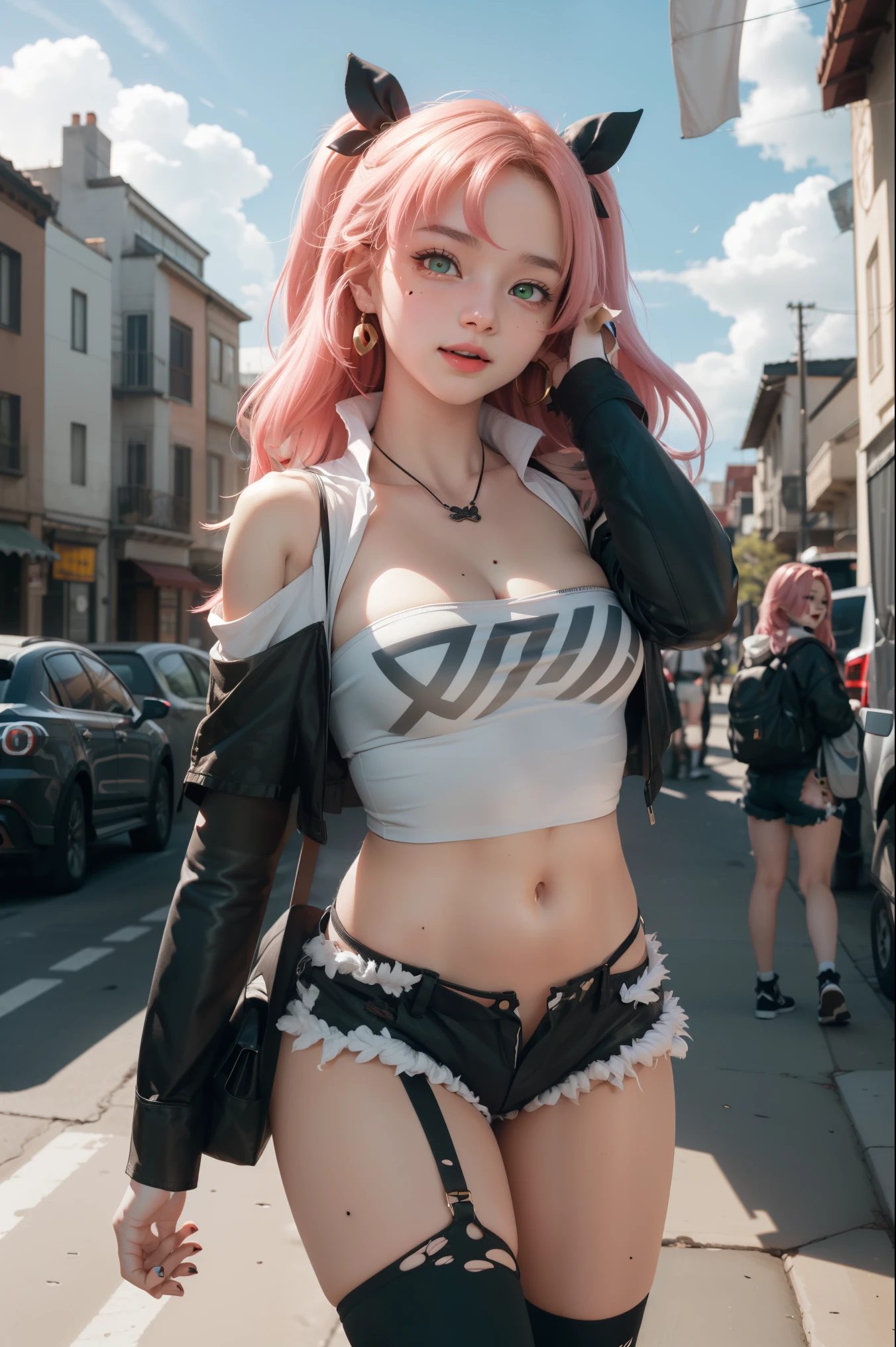 nicoledemara, nicole demara, (green eyes:1.5), pink hair, hair ornament, hair ribbon, hairclip, long hair, mole, mole on breast, mole on thigh, mole under eye, two side up, ribbon, smirk, smile, open mouth,
BREAK black footwear, black ribbon, black shorts, black socks, black thighhighs, boots, cleavage, crop top, earrings, jewelry, kneehighs, nail polish, necklace, o-ring, short shorts, shorts, single kneehigh, single sock, single thighhigh, socks, thigh strap, thighhighs, torn clothes, two side up,
BREAK outdoors, city, sky, clouds, sun, buildings, crowd, people, alley,
BREAK looking at viewer, (cowboy shot:1.5),
BREAK (masterpiece:1.2), best quality, high resolution, unity 8k wallpaper, (illustration:0.8), (beautiful detailed eyes:1.6), extremely detailed face, perfect lighting, extremely detailed CG, (perfect hands, perfect anatomy),