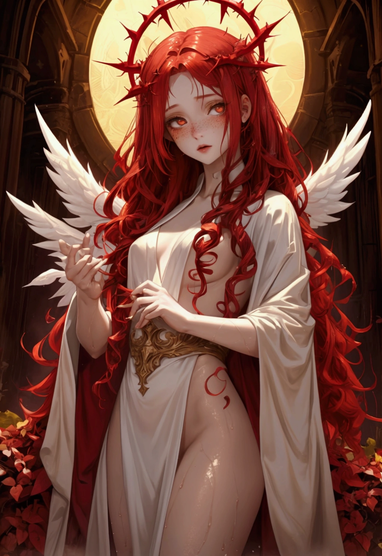 An angels girl, an apostate, she has two halos interwoven with thorns, the halos are a bright yellow light, she has log curly wine red hair, pale skin and freckles, she has white robes  that almost look a little wet.