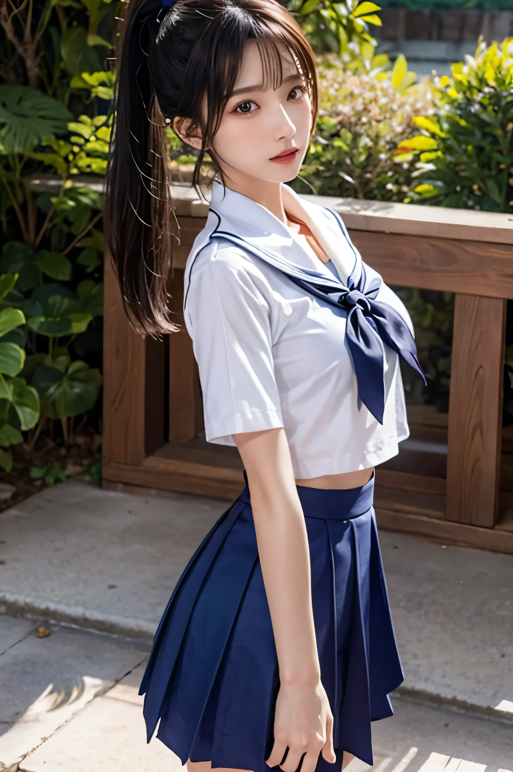 (Ultra HD), (Short-sleeved sailor uniform, Navy blue mini skirt), Big Breasts, slender, whole body, Standing posture, (Clean and shiny skin, Whitening, No makeup), (Super slim face, Super beautiful face), (ponytail, Layered Cut, Fluffy hair), (double eyelid, Slanted Eyes), Small Nose, Thin lips, Thin legs, school gate