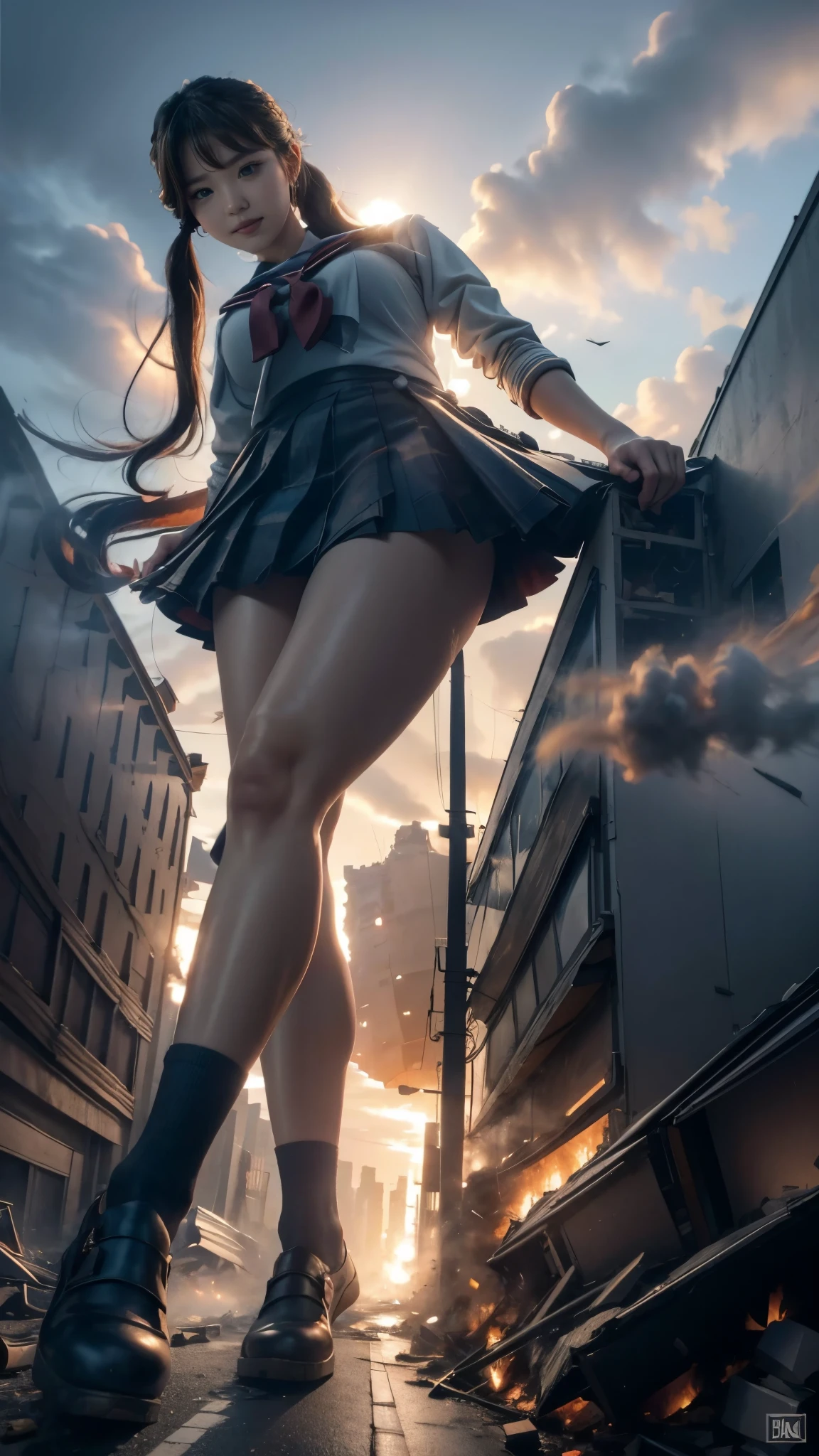 (Giantess elements, high resolution, high quality, accurate body structure, detailed body), Japanese high school girl, sailor uniform, towering giant girl, looking up at approaching woman from below, giant attacks city, cute, girl destroying small town, destroying small town, mischievous expression, Japanese language, white skin, smile, trampling buildings, rubble, burning small town, destroyed small building, collapsed highway, car being crushed, evacuation of residents, sunset, burning small town, please, walk, trample, anatomically correct, accurate human body, accurate skeleton, full body portrait, blue eyes, rubble scattered at feet, taller than skyscrapers, big impact, amazing, giantess elements, drawing women big, increasing destructive elements, making city smaller, rampaging, city, building,