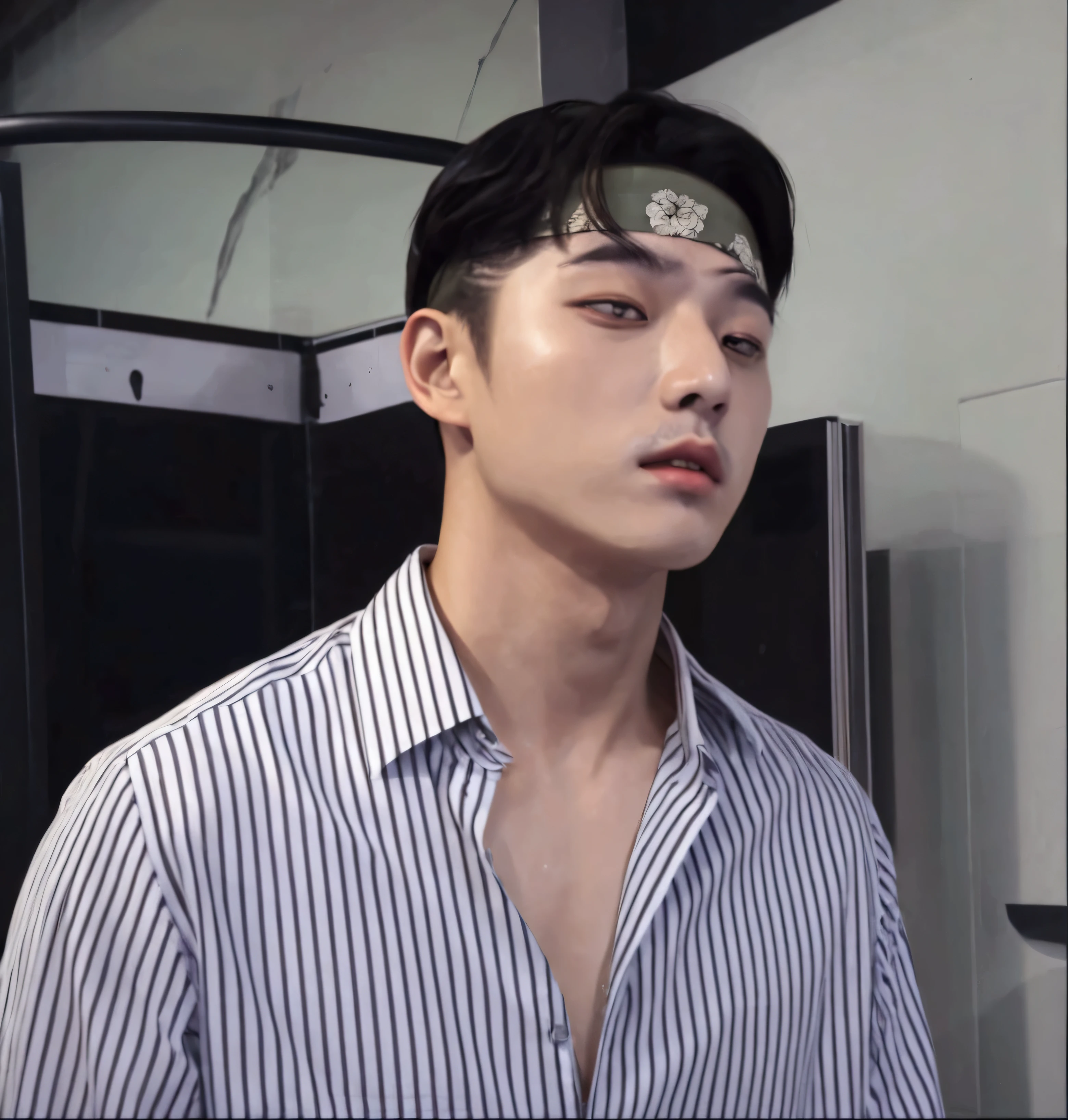 Arafed man with a headband on his head in a bathroom., inspired by Yanjun Cheng, Cai Xu Kun, inspired by jeonseok lee, Yanjun Chengt, Jinyoung Shin, Inspired by Russell Dongjun Lu, South Korean man, inspired by Gang Se-hwang, sometimes ulzzang, Korean artist, Inspired by Zhang Han, Inspired by Bian Shoumin
