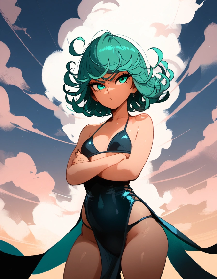 1girl, tatsumaki, one-punch man
\\\\\ masterpiece, best quality, newest ///// nyantcha, khyle, cutesexyrobutts \\\\\ thin waist, solo, bikini, sky, clouds, cropped legs, crossed arms, angry, mid-air
