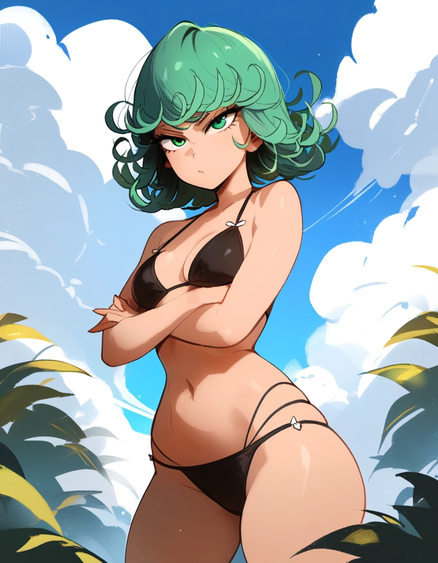 1girl, tatsumaki, one-punch man
\\\\\ masterpiece, best quality, newest ///// nyantcha, khyle, cutesexyrobutts \\\\\ thin waist, solo, bikini, sky, clouds, cropped legs, crossed arms, angry, mid-air
