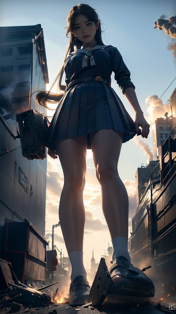 (Giantess elements, high resolution, high quality, accurate body structure, detailed body), Japanese high school girl, sailor uniform, towering giant girl, looking up at approaching woman from below, giant attacks city, cute, girl destroying small town, destroying small town, mischievous expression, Japanese language, white skin, smile, trampling buildings, rubble, burning small town, destroyed small building, collapsed highway, car being crushed, evacuation of residents, sunset, burning small town, please, walk, trample, anatomically correct, accurate human body, accurate skeleton, full body portrait, blue eyes, rubble scattered at feet, taller than skyscrapers, big impact, amazing, giantess elements, drawing women big, increasing destructive elements, making city smaller, rampaging, city, building,