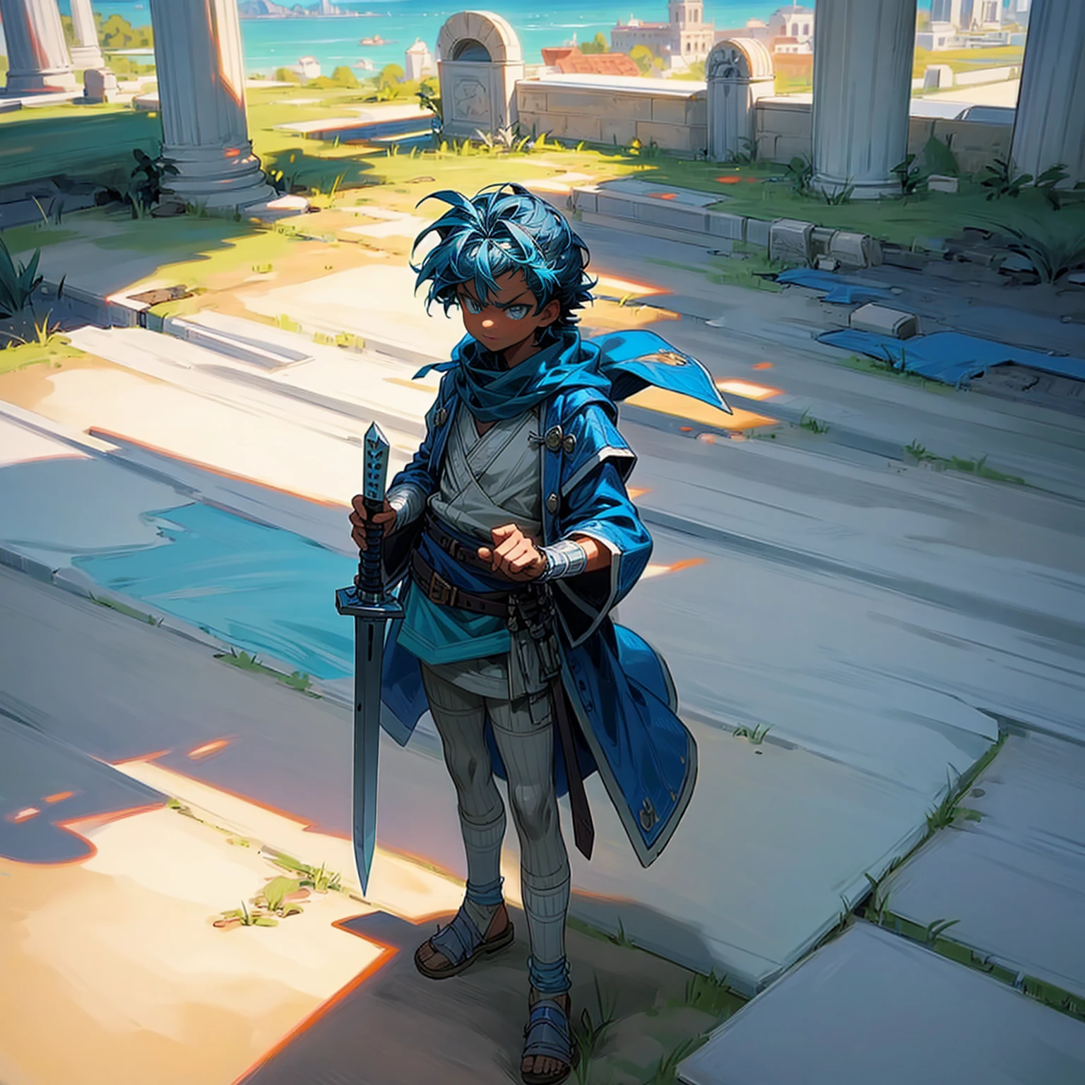 Solo character, full body version, kid boy, blue eyes, blue color hair, short haircut, tunic roman clothing, sandals, outdoor, ancient roman city, sky blue, detailed background, angry eyes, knife in hand