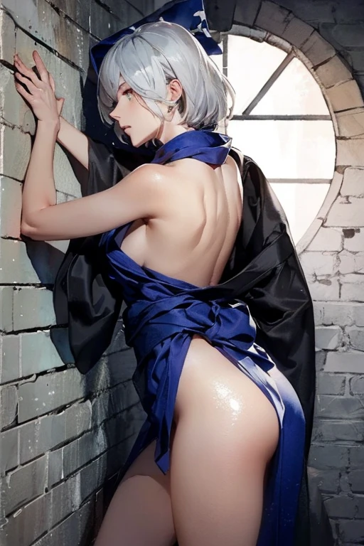 {erotic face,anguish,(patience:1.1),(very ecstasy:1.2),(writhing:1.4),embarrassing,half open eye},{(blue glowing eyes:1.4),(sensual look:1.4)},BREAK,{(obscene pose:1.2),(arched back:1.2),(arch one's head:1.4)},BREAK,{(realistic photo graphic style:1.2),(watercolor image:1.4),(sketch drawing),overall light color},{(simple configuration:1.1),(profile:1.2),(look away:1.2)},{(Part of the stucco wall is red_brick),(speckled_ivy crawl on the wall:1.4)},BREAK,{(butterfly pattern on pearl_colored yukata:1.4),(disheveled yukata:1.4)},BREAK,{(clavicle:1.2),(cleavage between breasts:1),(shoulder:1.2),(attractive thigh:1.4),(armpits:1),(sweat on the neck:1.2),Fascinating nape},BREAK,{(solo, YoRHa type of Nier Automa):1.2, (white_silver colored hair:1.4), short cut hair, (blue glowing eyes:1.4),(black bandana in hair:1.5)},BREAK,{(masterpiece,best quality, 8K UHD, extremely detailed CG, detailed beautiful face and eyes and skin and hair)}