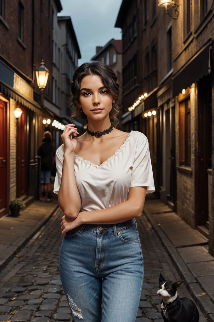 - **Setting:** An old-timey European street at night, with dim, flickering street lamps casting a warm, golden glow over cobblestone roads. The atmosphere is misty and mysterious, with vintage cars and a horse-drawn carriage in the background, enhancing the historical ambiance. Narrow alleyways and antique shops line the street, with long shadows creating an eerie yet nostalgic vibe.
**Characters:**
1. **The Boy:**
- **Clothing:** Worn-out blue jeans and classic white tennis shoes. The jeans are slightly rugged, with patches and scuffs. He wears a simple plain t-shirt or hoodie, adding to his casual appearance.
- **Appearance:** Messy hair, innocent look, and a curious expression, conveying a mix of surprise and slight reluctance.
- **Pose:** The lady holds him firmly by the collar, and he looks slightly off-balance, as if being led unexpectedly.
2. **The Lady:**
- **Clothing:** An elegant, vintage-style gown with intricate lace and embroidery. The dress is flowing and sophisticated, highlighting her poised presence.
- **Accessories:** A large, high-quality leather handbag with long, thin straps hangs from her shoulder, suggesting elegance and style.
- **Appearance:** A little Black, elderly woman with warm, graceful features. Her hair is styled in a refined manner, either in an elaborate updo or elegant waves, showing gray strands that add to her dignified look. She exudes confidence and authority with a knowing smile.
- **Pose:** Holding the boy by the collar or neck with a gentle but firm grip, guiding him assertively. Her eyes are sharp and focused, scanning the street with an air of wisdom and purpose.
**Atmosphere:**
- **Lighting:** Moonlight casts silvery reflections on the cobblestones. A gentle breeze rustles nearby leaves, and distant sounds of music or chatter from a café add subtle liveliness.
- **Props:** A stray cat darts across the street, and an old newspaper flutters in the wind. Street vendors or stalls selling vintage tri