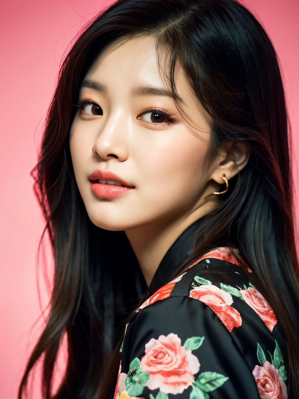 a close up of a woman with long hair wearing a floral shirt, blackpink jennie, bae suzy, kim doyoung, jinyoung shin, jossi of blackpink, jaeyeon nam, portrait of jossi of blackpink, park ji-min, portrait jisoo blackpink, lee ji-eun, lee ji - eun, gongbi, taejune kim, heonhwa choe