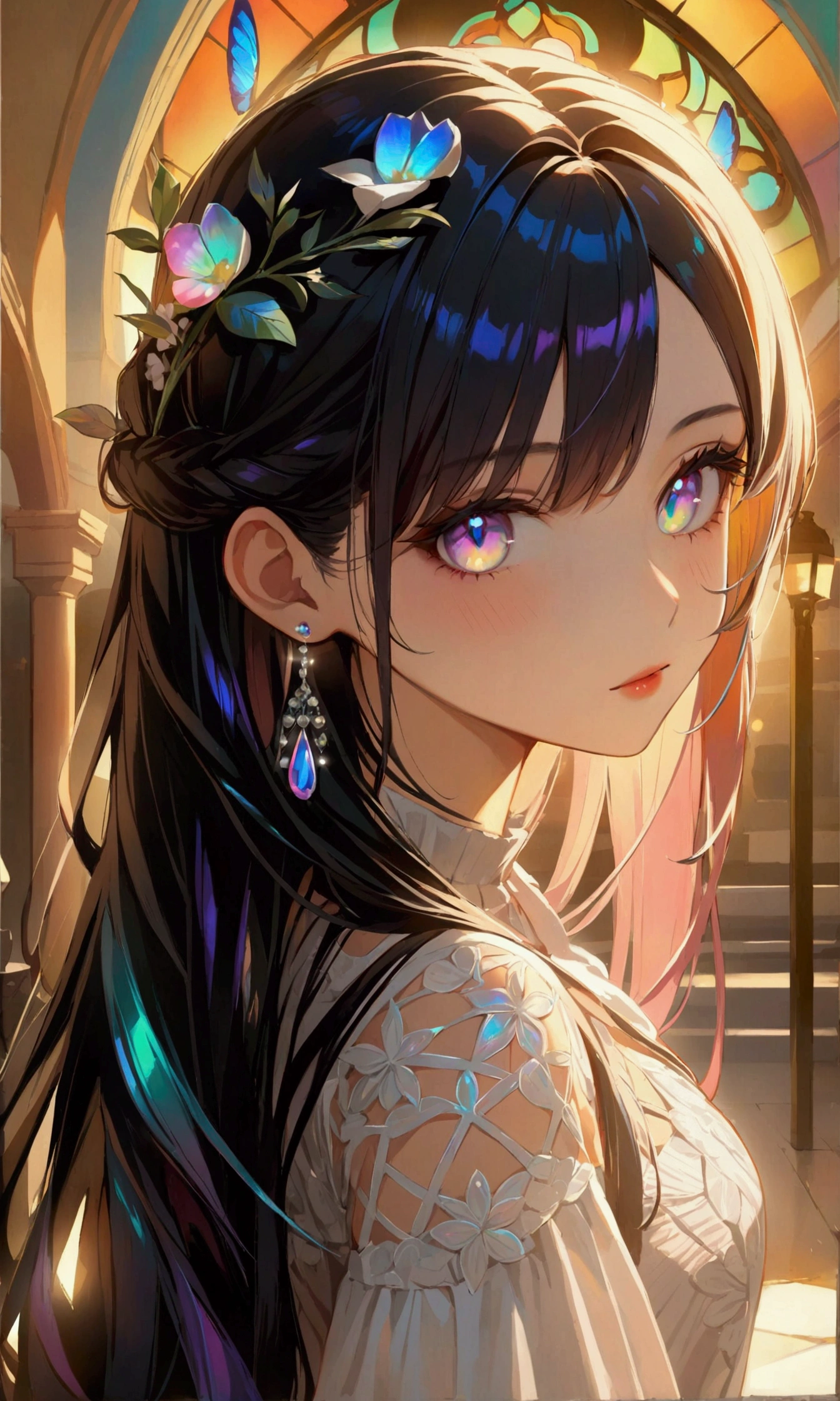 1girl,long dark iridescent hair,iridescent eyes,aesthetic built,casual wear,best quality,4k
