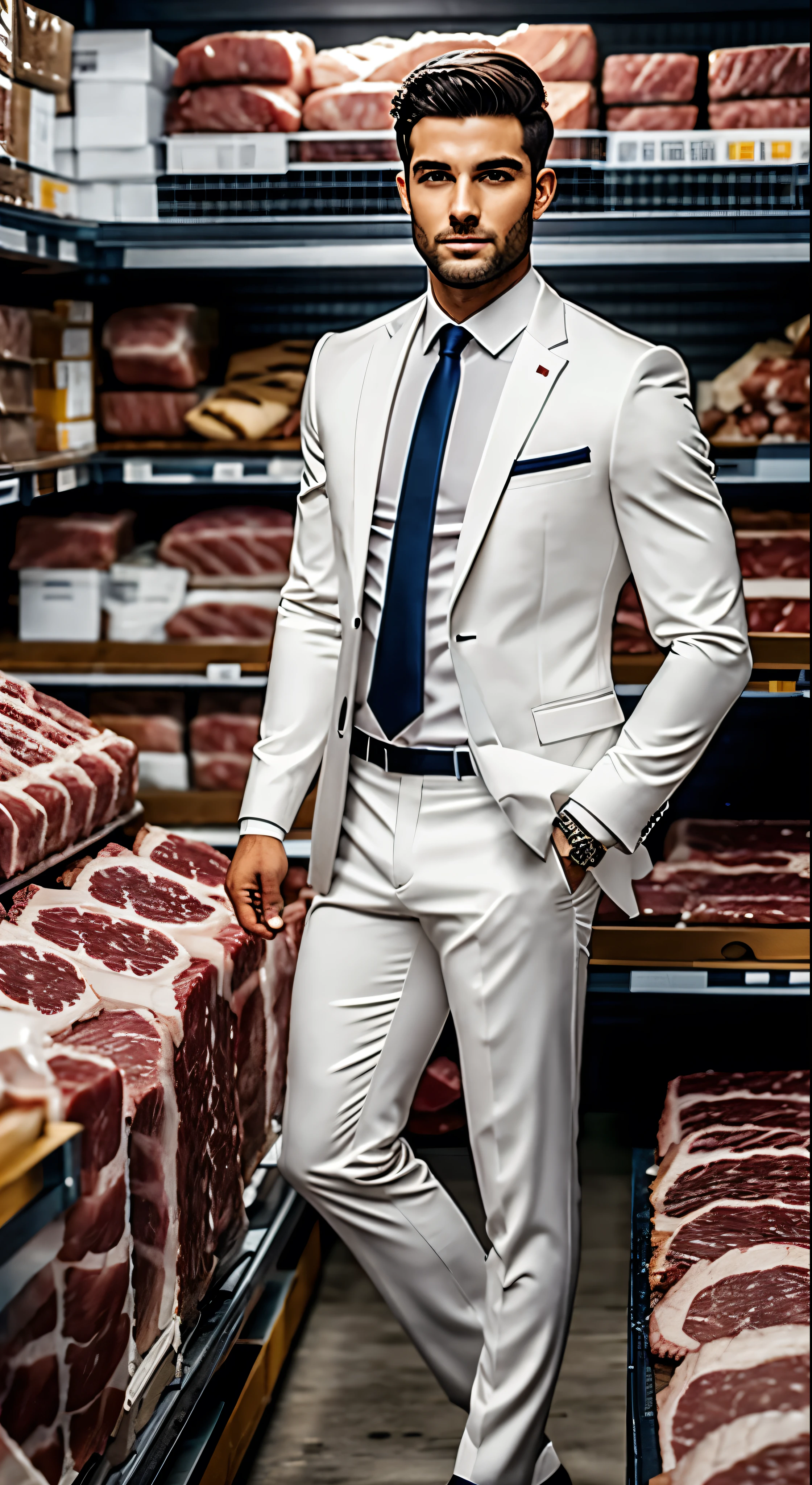 There is a handsome boy with a super detailed face, white suit, short black hair, super detailed characters, in the warehouse, which is piled up with meat, meat, fresh meat, highly real, 4K, chiaroscuro, super high detail