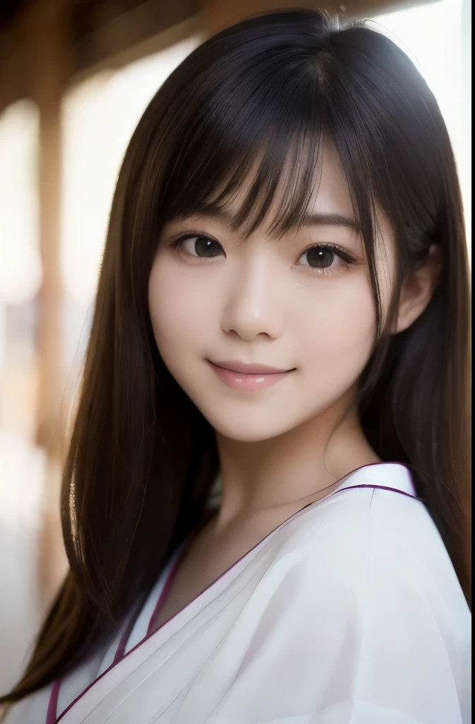 best quality, face focus, soft light, ultra high res, (photorealistic:1.4), RAW photo,(Shinozaki Ai), white skin, kawaii,
1 Japanese girl, solo, cute, (smile), (pupil, lights in the eyes),  detailed beautiful face, Medium-sized breasts,(high resolution detail of human skin texture),(long hair),(portrait), upper body, white traditional kimono, in the shrine,
