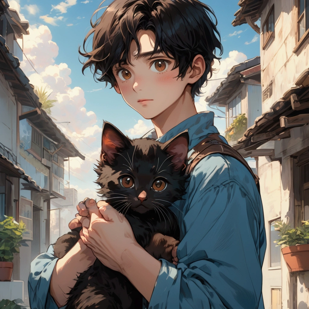 a boy,black hair,Big brown eyes,Blue sky background,Holding a black kitten in his hands,Close-up shot,high resolution,high quality,Cartoon anime style