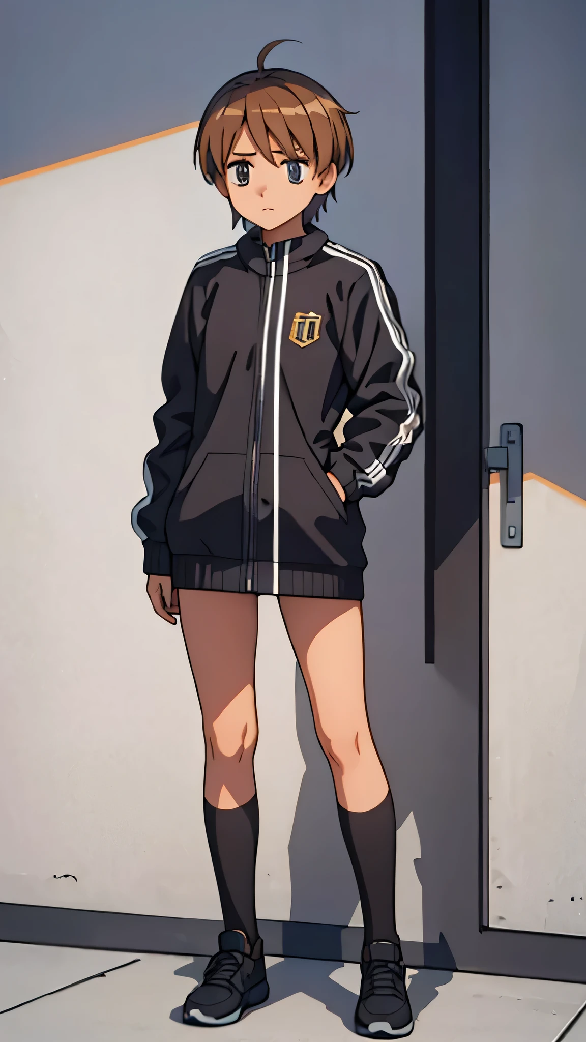 A girl, small, thin, Small breasts, men's outfit, standing and looking straight ahead, with a fearful expression, full body image