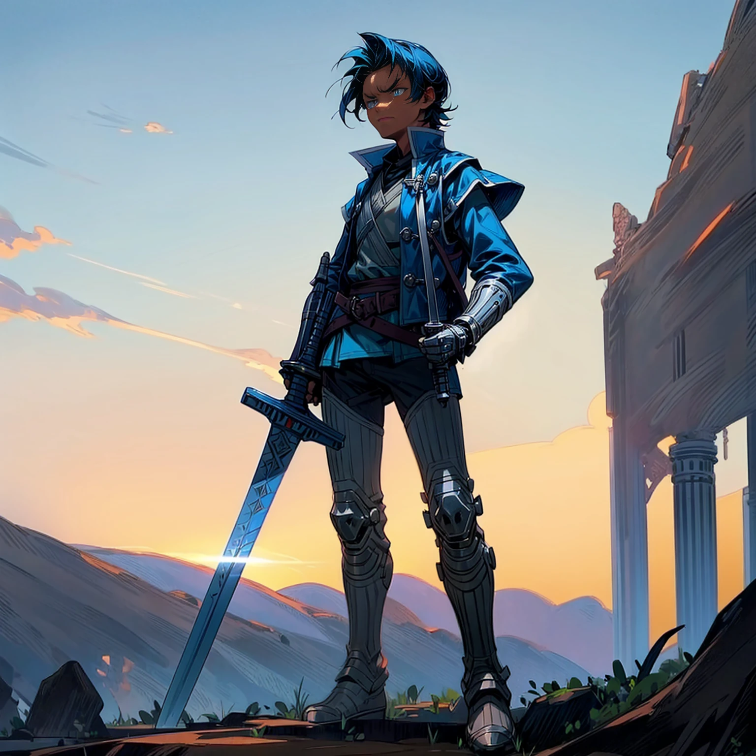 Solo character, full body version, young boy, blue eyes, blue color hair, short haircut, soldier roman clothing, boots, outdoor, town, ancient roman, twilight sky, detailed background, angry eyes, sword in hand, standing guard gesture