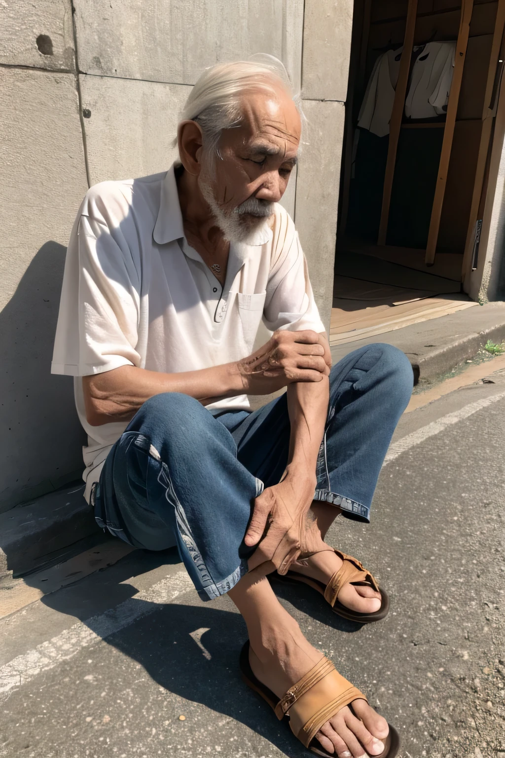 a beggar grandfather is daydreaming and sitting by the side of the road, dirty clothes, holding a cigarette in hand. indonesian.