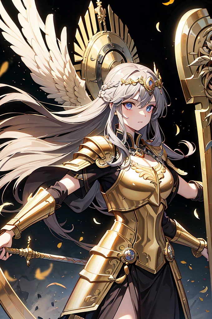 A beautiful woman, absurdres, full body armor, shining armor, knight leg armor, boot armor, Shining light knight, holding a weapon, perfect body figure, blond color hair, wavely hairstyle, light magic, light manipulation, light power, lightbeam attacks, aura of warmth, gentle expression, smile, very big breast, very big ass, age 39, middle-aged, photo manipulation, altered realities, fantastical scenes, digital artistry, creative editing, evocative narratives, striking visuals, kinetic art, moving sculptures, mechanical creations, interactive installations, dynamic motion, engineering ingenuity, captivating visuals, highest quality, outstanding detail, super high resolution: 3.5, fidelity: 1.4, best illustration, favor details, perfect detail rendering, ultra HD, masterpiece, ultra high res, photorealistic: 1.5, raw photo, perfect brightness and darkness, light ray, perfect balance, smooth color transition, full body frame, shining light, black and gold color armor, light body aura, light coat, full detail armor design, crown, shining eyes, golden eyes, mature, perfect color layer, pose, domineering, golden scarf, royalty, majestic, day, Empress, wind blowing, breeze, perfect color blur, calm, perfect lighting, shining light color crown, golden color mantle, halo golden light, movement motion, wings made from the lights.