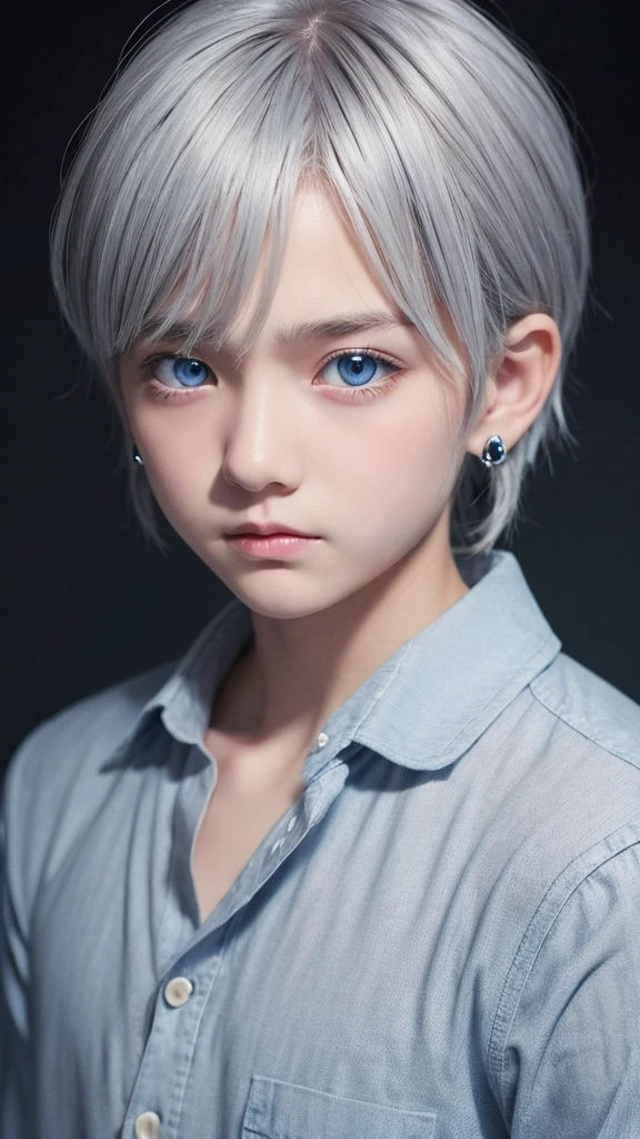 Gray Hair、Shota、blue eyes、Earrings、Sad, whole body、An illustration