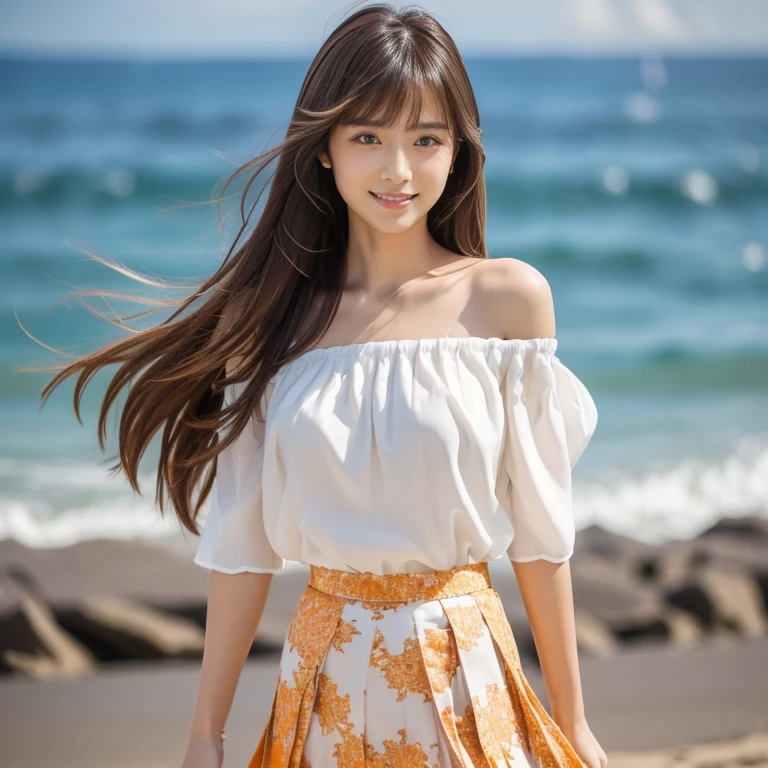 (Calm and gentle look:1.8), (Full Body Shot:1.3), (panorama:1.8), Cinema Lighting, ((Highest quality)), (RAW Photos, Highest quality), ( Realistic:1.4), realism, masterpiece, Very delicate and beautiful, Very detailed, 4K wallpaper, wonderful, finely, Very detailed CG unity 8k wallpaper, Very detailed, High resolution, Soft Light, Japanese, (one shot:1.9), (22 years old:1.6), (Round face:1.2), (Fat:0.8), (A neat and clean woman:1.5), Beautiful detailed woman,Famous Japanese actresses, Detailed face, finelyて美しい目, Very detailedな目と顔, Beautiful eyes and a beautifully detailed nose, Ultra HD glossy lips, (Straight Hair:1.4), Shiny Hair, Shiny Hair, Brown Hair, (bangs:1.4), Long, slender legs, Toned body, (Smiling:1.4), Natural Makeup, (LET IT PASS, white, Elaborately Embellished Off-the-Shoulder Blouse:1.3), (LET IT PASS, floral pattern, Orange, Long skirt, Pleated skirt:1.5), (pumps:1.2), Accentuate your body lines,
(Strolling along the beach:1.2), (Deep blue midsummer sky, cumulonimbus, The ocean with a wide horizon:1.3), (Her hair and skirt fluttering in the wind:1.5),