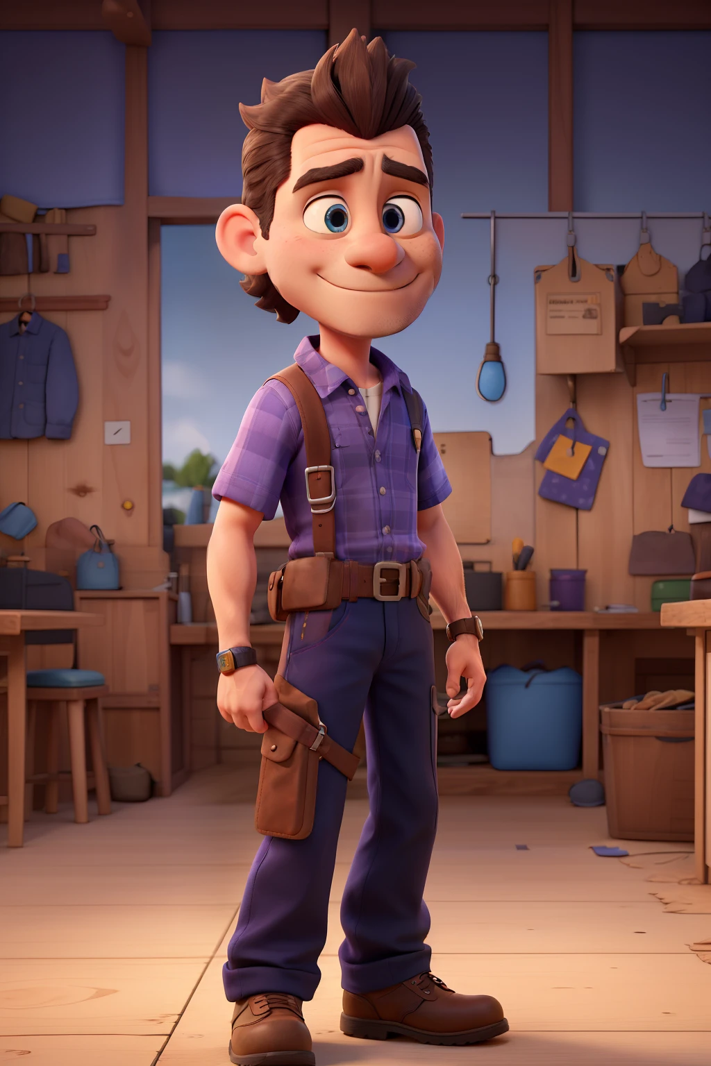 Cartoon style man,he will be a carpenter,light skin color,blue colored eyes,lightBrown hair,wearing purple collared shirt,on the front of the shirt the word MarTok will be written in blue, navy blue pants with the word MarTok MarTok written in purple,tool belt made of brown leather, Attached to your belt will be carpenter's tools ,wearing brown boots, pixel, high standard, Background transparent.