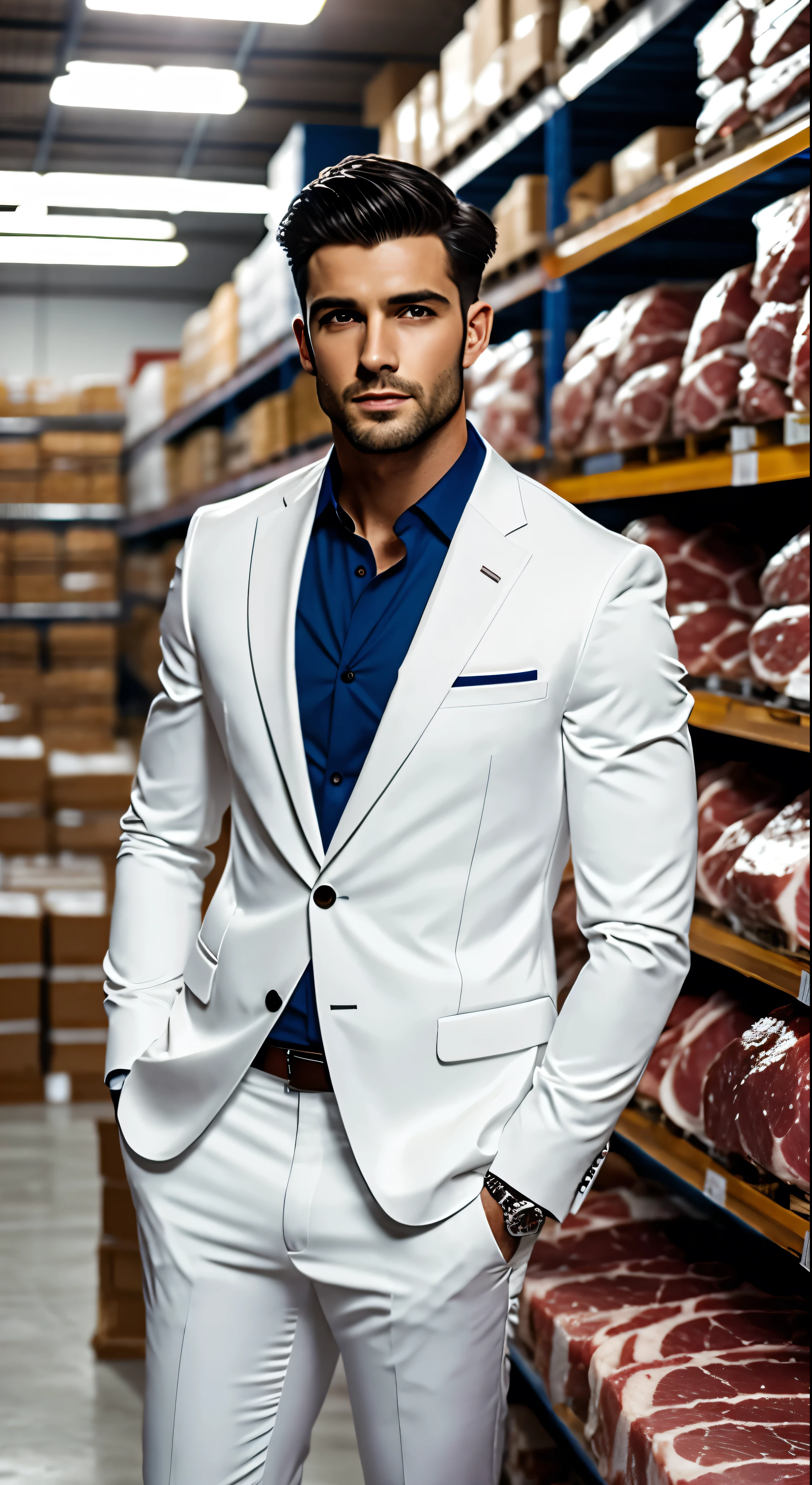 There is a handsome boy with a super detailed face, white suit, short black hair, super detailed characters, in the warehouse, which is piled up with meat, meat, fresh meat, highly real, 4K, chiaroscuro, super high detail
