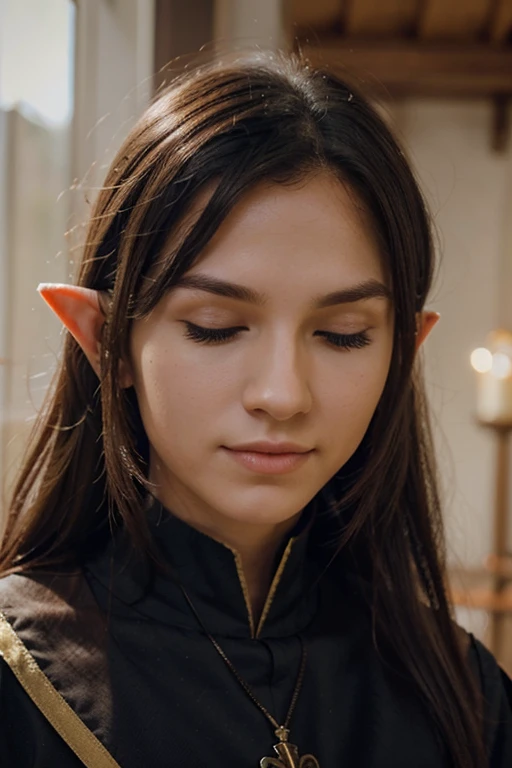 make a profile picture of a half-elf priest man with half-closed eyes and a half-smile