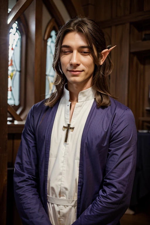 make a profile picture of a half-elf priest man with half-closed eyes and a half-smile