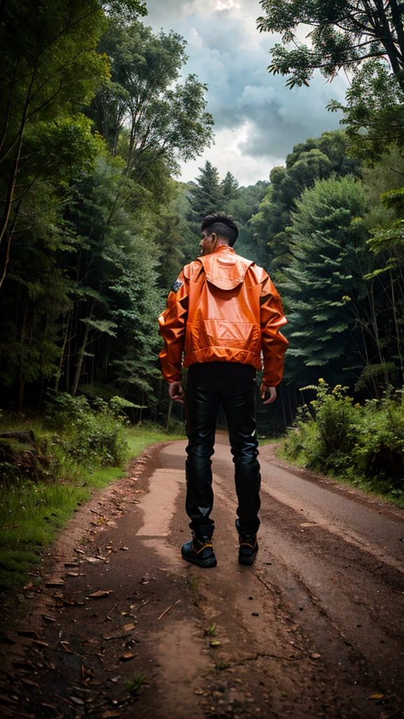 ground_vehicle, motor_vehicle, mountain, outdoors, motorcycle, cloud, 1boy, sky, jacket, male_focus, pants, day, from_behind, nature, solo, scenery, cloudy_sky, tree, orange_jacket, english_text, forest, hands_in_pockets
