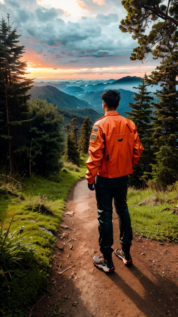 ground_vehicle, motor_vehicle, mountain, outdoors, motorcycle, cloud, 1boy, sky, jacket, male_focus, pants, day, from_behind, nature, solo, scenery, cloudy_sky, tree, orange_jacket, english_text, forest, hands_in_pockets
