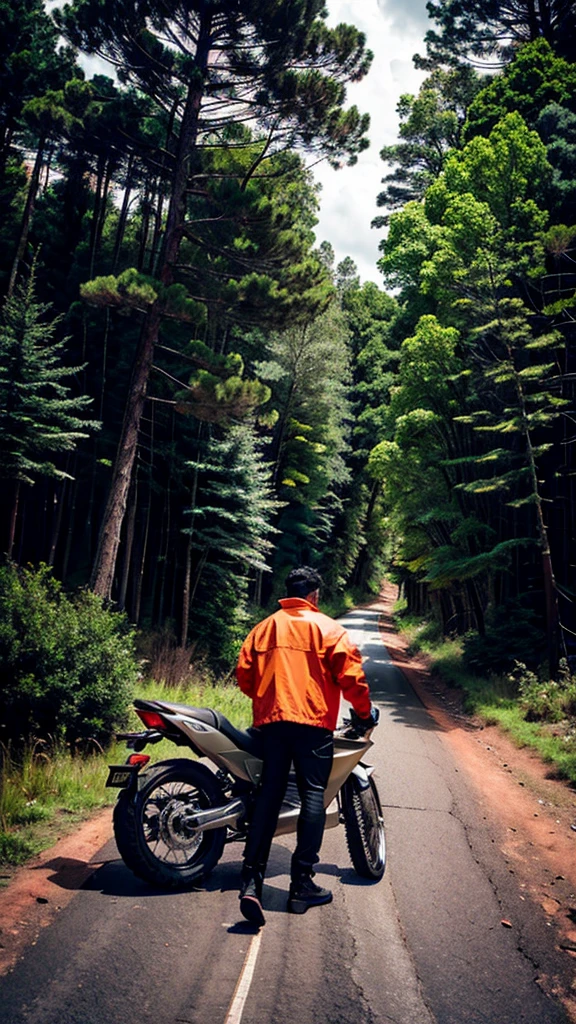 ground_vehicle, motor_vehicle, mountain, outdoors, motorcycle, cloud, 1boy, sky, jacket, male_focus, pants, day, from_behind, nature, solo, scenery, cloudy_sky, tree, orange_jacket, english_text, forest, hands_in_pockets
