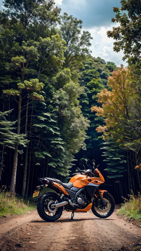 ground_vehicle, motor_vehicle, mountain, outdoors, motorcycle, cloud, 1boy, sky, jacket, male_focus, pants, day, from_behind, nature, solo, scenery, cloudy_sky, tree, orange_jacket, english_text, forest, hands_in_pockets
