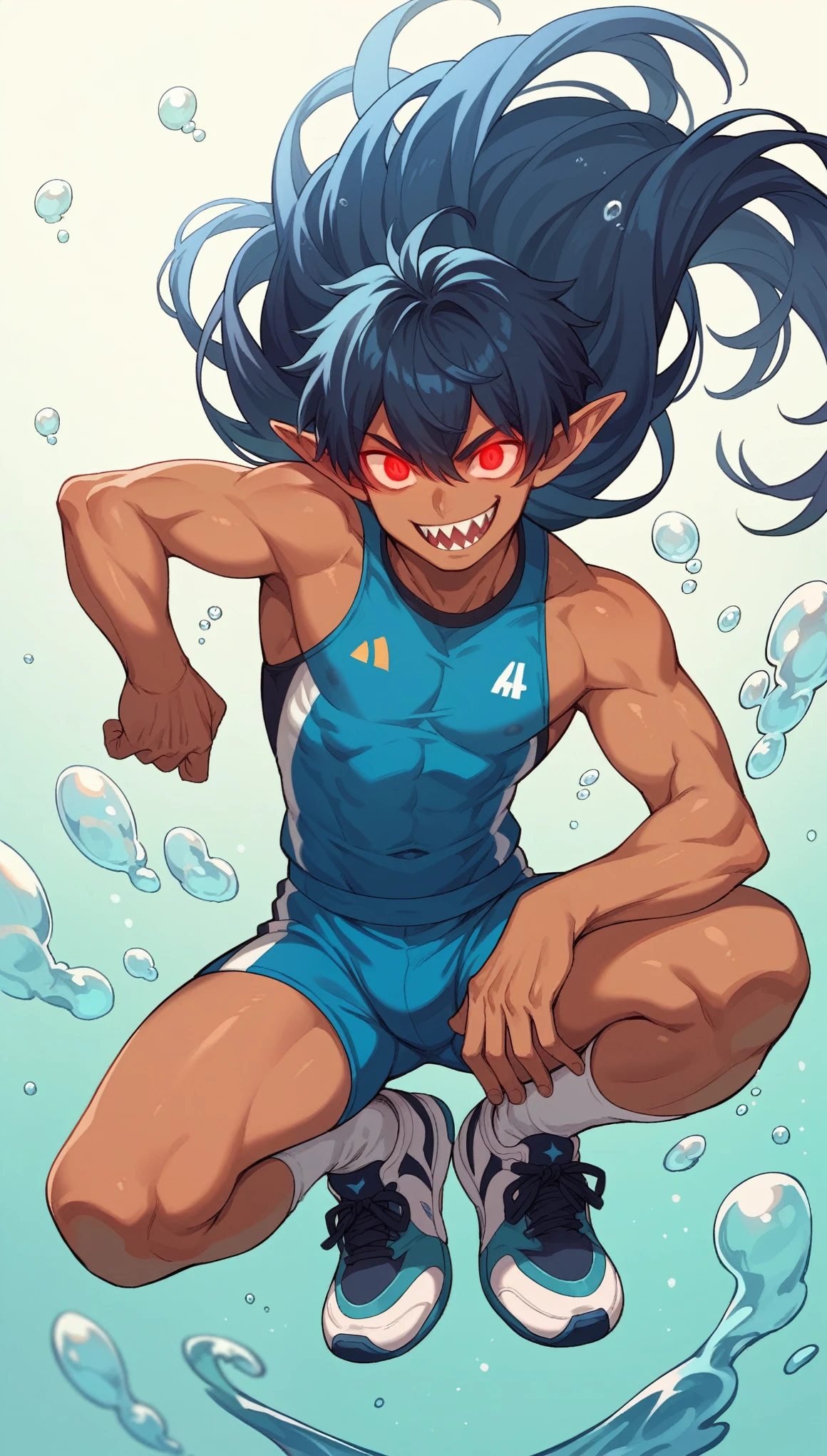 1 boy, Pointed ears, Solitary, Dynamic poses，Sportswear，White socks，sports shoes，Glowing eyes, Long hair, Red Eyes, Smile, Tanned skin,sharp teeth, Blue black hair，Deep sea background,bubble,Water Flow