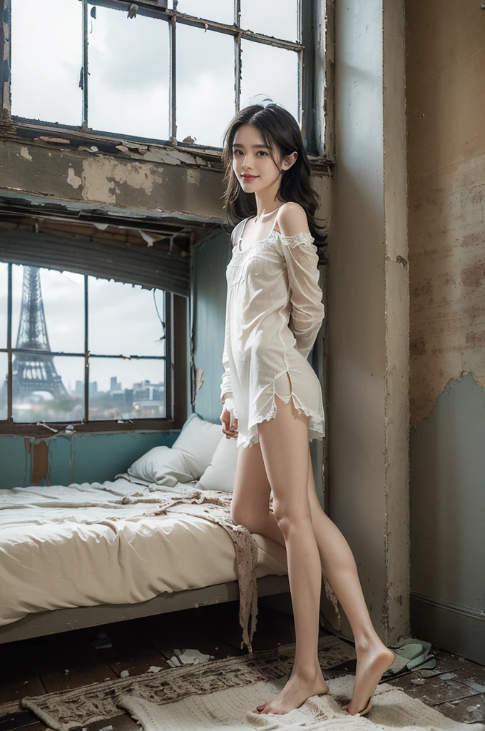 (((best quality))),(((ultra detailed))),(((masterpiece))),illustration,((1 beautiful girl,solo)),(shoulder-length straight bob:0.8),((slim,thin)),((small breasts,flat chest)),(sitting on the bed:1.3),(in bedroom:1.3),(white sheer dress:1.3),(stockings:1.3),(slender legs:1.2),distant look,lost in thought,tastefully decorated,warm,inviting color palette,soft beige walls,luxurious comforter,deep gold color,nightstand,lamp,book,dresser,open window,glimpse of garden,calm atmosphere,peaceful,underlying tension,confusion,internal conflict,stark contrast,warmth of room,coldness of gaze,introspection,inner turmoil,complex emotions,(night scene:1.5),((from front,upper body))