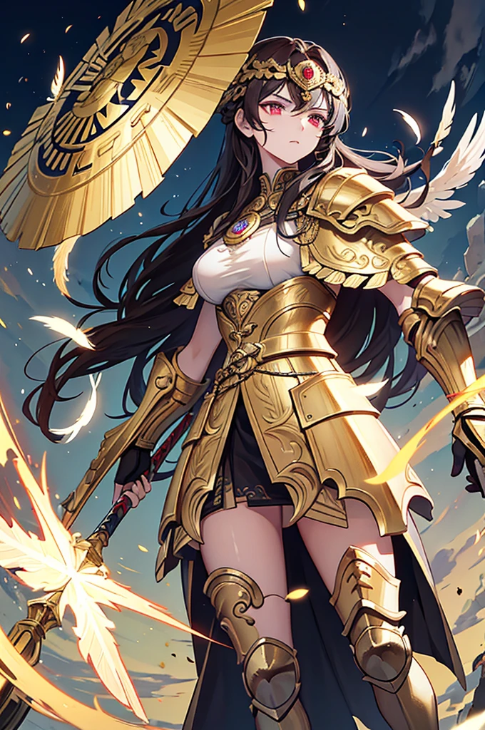 Athena has a majestic and imposing appearance, reflecting her nature as a warrior and wise goddess. She has long hair, often styled in a practical manner, often tied back or in a braid, dark brown in color. His eyes are steel gray, symbolizing clairvoyance and wisdom. She wears warrior clothing, often gold armor, with a golden helmet decorated with feathers and warrior motifs and is always accompanied by her shield and spear.