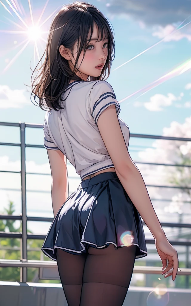 Front facing, facing this way、
Gal's more beautiful smile、
More cute casual summer outfits、Cute mini skirt、
More beautiful thighore beautiful colorful pantyhose、
Beautiful dark clouds, (Cowboy Shot:1.4), Beautiful and realistic,
Beautiful masterpiece, Beautiful and top quality, Beautiful backlight, (Lens flare:1.1), (bloom:1.1), (chromatic aberration:1.1)
flowerpunk