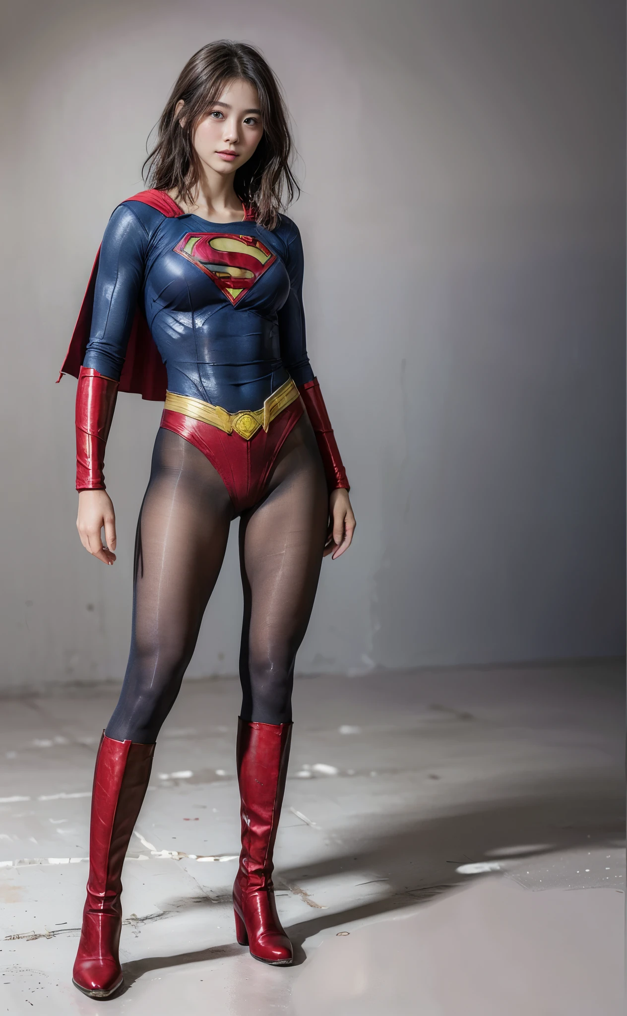 No background、(((Beautiful legs in black tights.)))、(((Legally express the beauty of your smile)))、((((Make the most of your original images)))、(((Supergirl Costume)))、(((Beautiful very short hair)))、(((suffering)))、(((Please wear black tights....、Wear red boots)))、((Best image quality、8k))、((Highest quality、8k、masterpiece:1.3))、(((Preserve background )))、Sharp focus:1.2、Beautiful woman with perfect figure:1.4、Slim Abs:1.2、Wet body:1.5、Highly detailed face and skin texture、8k