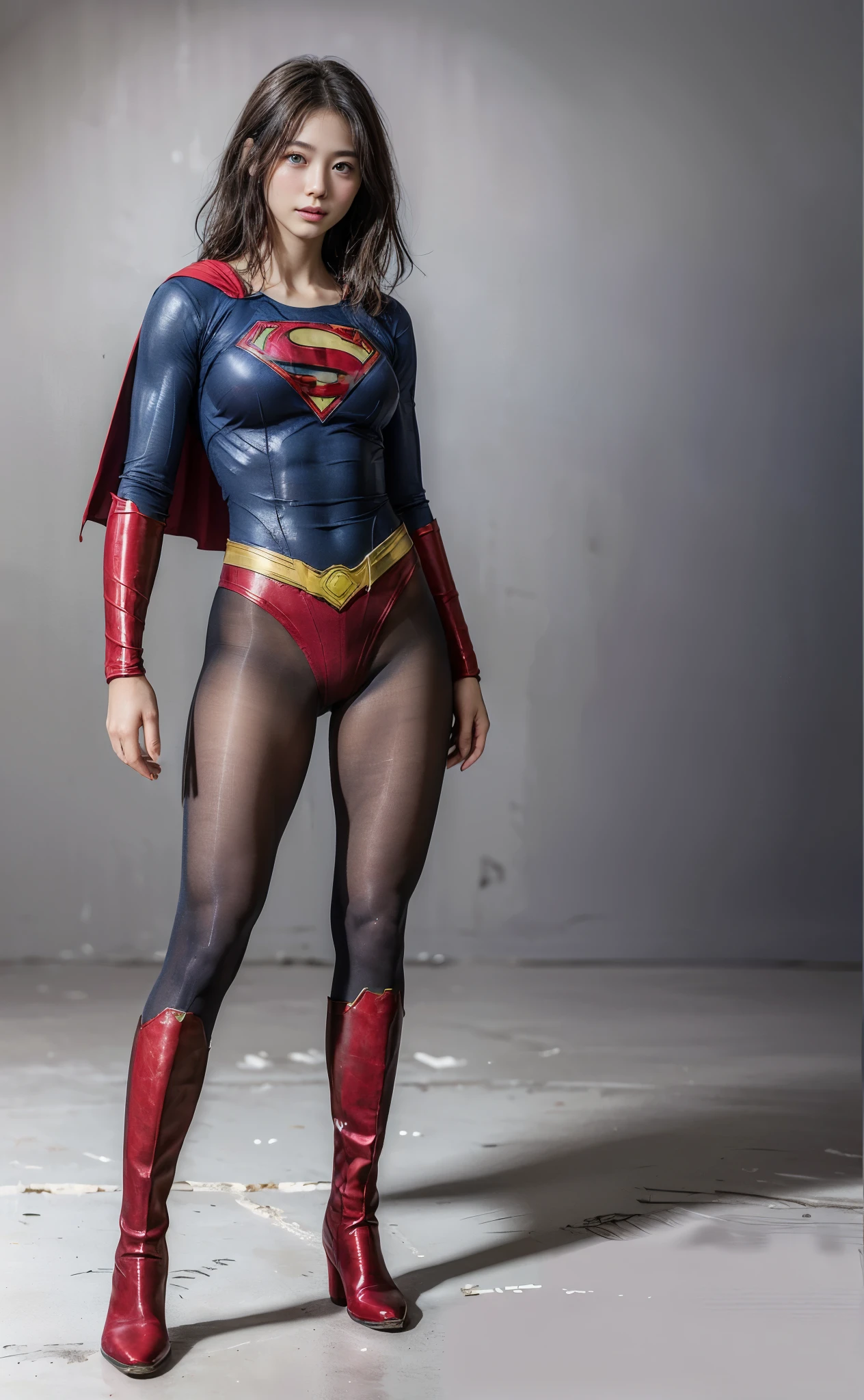 No background、(((Beautiful legs in black tights.)))、(((Legally express the beauty of your smile)))、((((Make the most of your original images)))、(((Supergirl Costume)))、(((Beautiful very short hair)))、(((suffering)))、(((Please wear black tights....、Wear red boots)))、((Best image quality、8k))、((Highest quality、8k、masterpiece:1.3))、(((Preserve background )))、Sharp focus:1.2、Beautiful woman with perfect figure:1.4、Slim Abs:1.2、Wet body:1.5、Highly detailed face and skin texture、8k