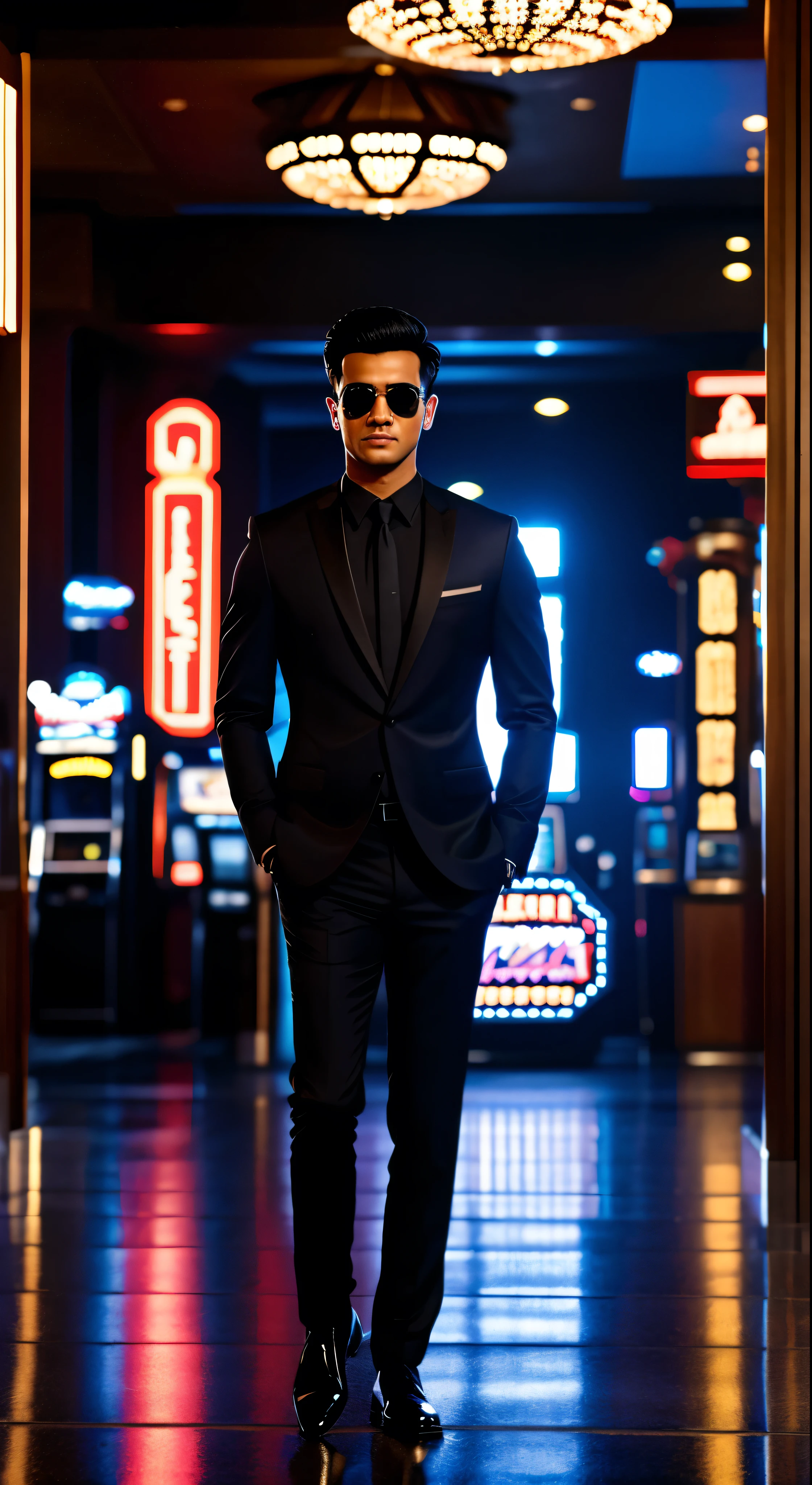 with high definition images，Ultra-detailed face、Men in Black in black suits、Short black hair、Black sunglasses，A super detailed character of a handsome boy、Standing at the entrance to the casino、Very realistic、4K、Gambler、Night city in ultra high definition