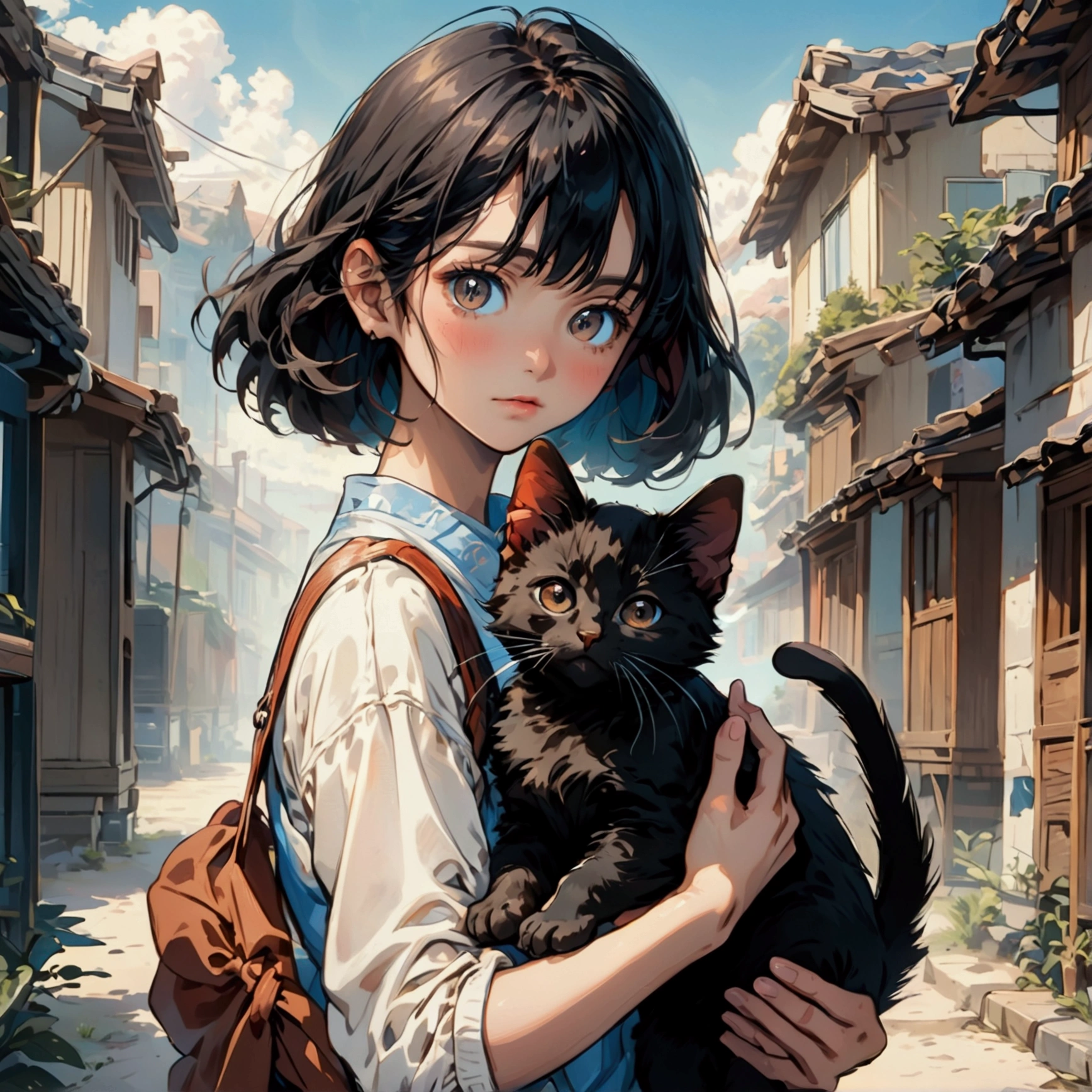 A girl,black hair,Big brown eyes,Blue sky background,Holding a black kitten in his hands,Close-up shot,high resolution,high quality,Cartoon anime style