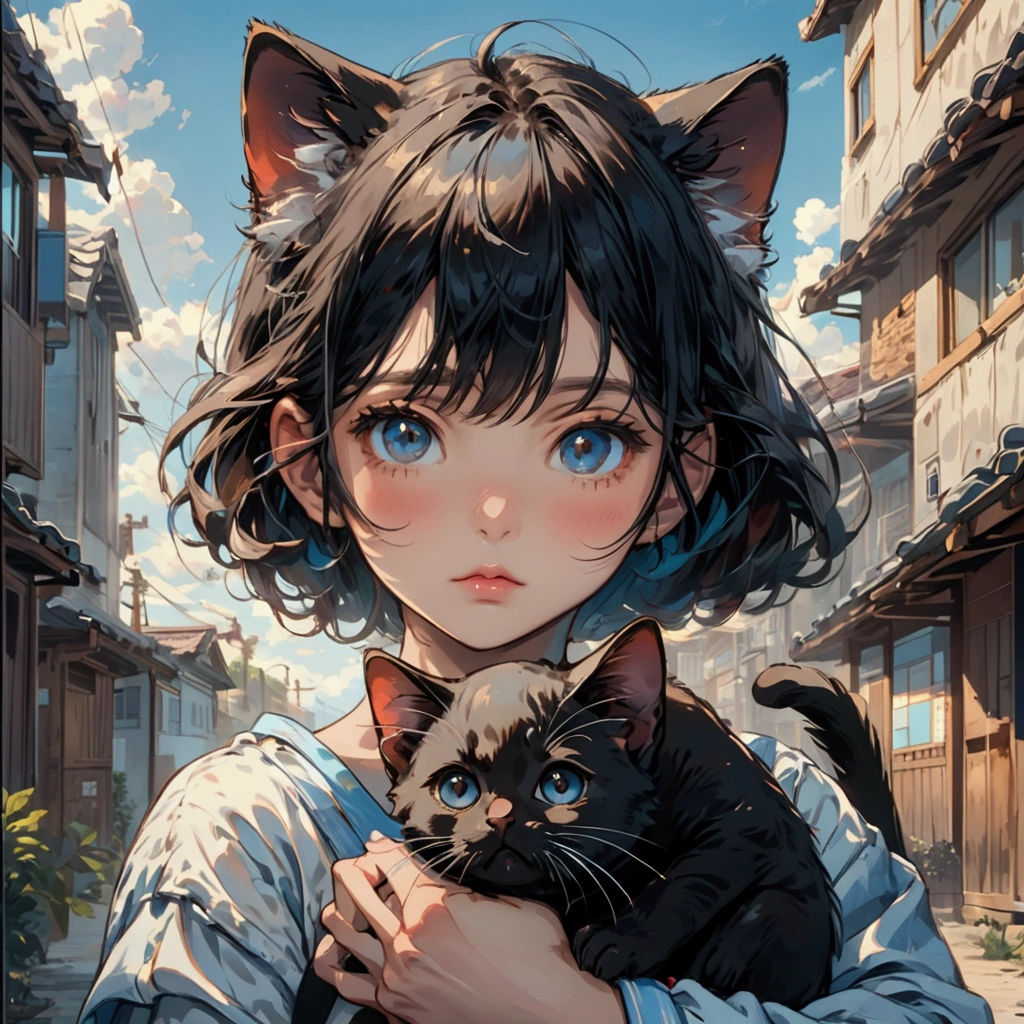 A girl,black hair,Big brown eyes,Blue sky background,Holding a black kitten in his hands,Close-up shot,high resolution,high quality,Cartoon anime style