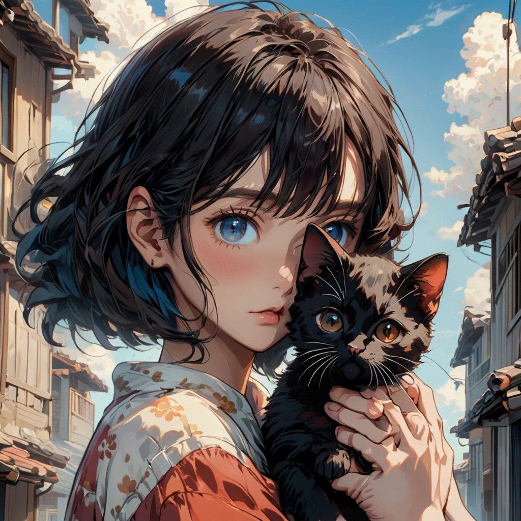 A girl，black hair，Big brown eyes，Blue sky background，Holding a black kitten in his hands，Close-up shot，high resolution，high quality，Cartoon anime style