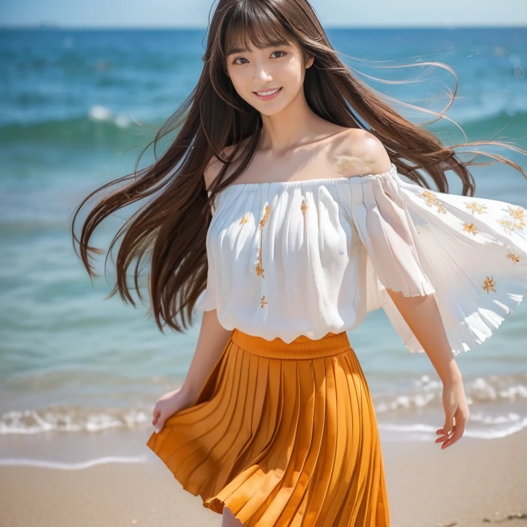 (Calm and gentle look:1.8), (Full Body Shot:1.3), (panorama:1.8), Cinema Lighting, ((Highest quality)), (RAW Photos, Highest quality), ( Realistic:1.4), realism, masterpiece, Very delicate and beautiful, Very detailed, 4K wallpaper, wonderful, finely, Very detailed CG unity 8k wallpaper, Very detailed, High resolution, Soft Light, Japanese, (one shot:1.9), (22 years old:1.6), (Round face:1.2), (Fat:0.8), (A neat and clean woman:1.5), Beautiful detailed woman,Famous Japanese actresses, Detailed face, finelyて美しい目, Very detailedな目と顔, Beautiful eyes and a beautifully detailed nose, Ultra HD glossy lips, (Straight Hair:1.4), Shiny Hair, Shiny Hair, Brown Hair, (bangs:1.4), Long, slender legs, Toned body, (Smiling:1.4), Natural Makeup, (LET IT PASS, white, Elaborately Embellished Off-the-Shoulder Blouse:1.3), (LET IT PASS, floral pattern, Orange, Long skirt, Pleated skirt:1.5), (pumps:1.2), Accentuate your body lines, (Strolling along the beach:1.2), (Sandals:1.4), (Deep blue midsummer sky, cumulonimbus, The ocean with a wide horizon:1.3), (Her hair and skirt fluttering in the wind:1.5),