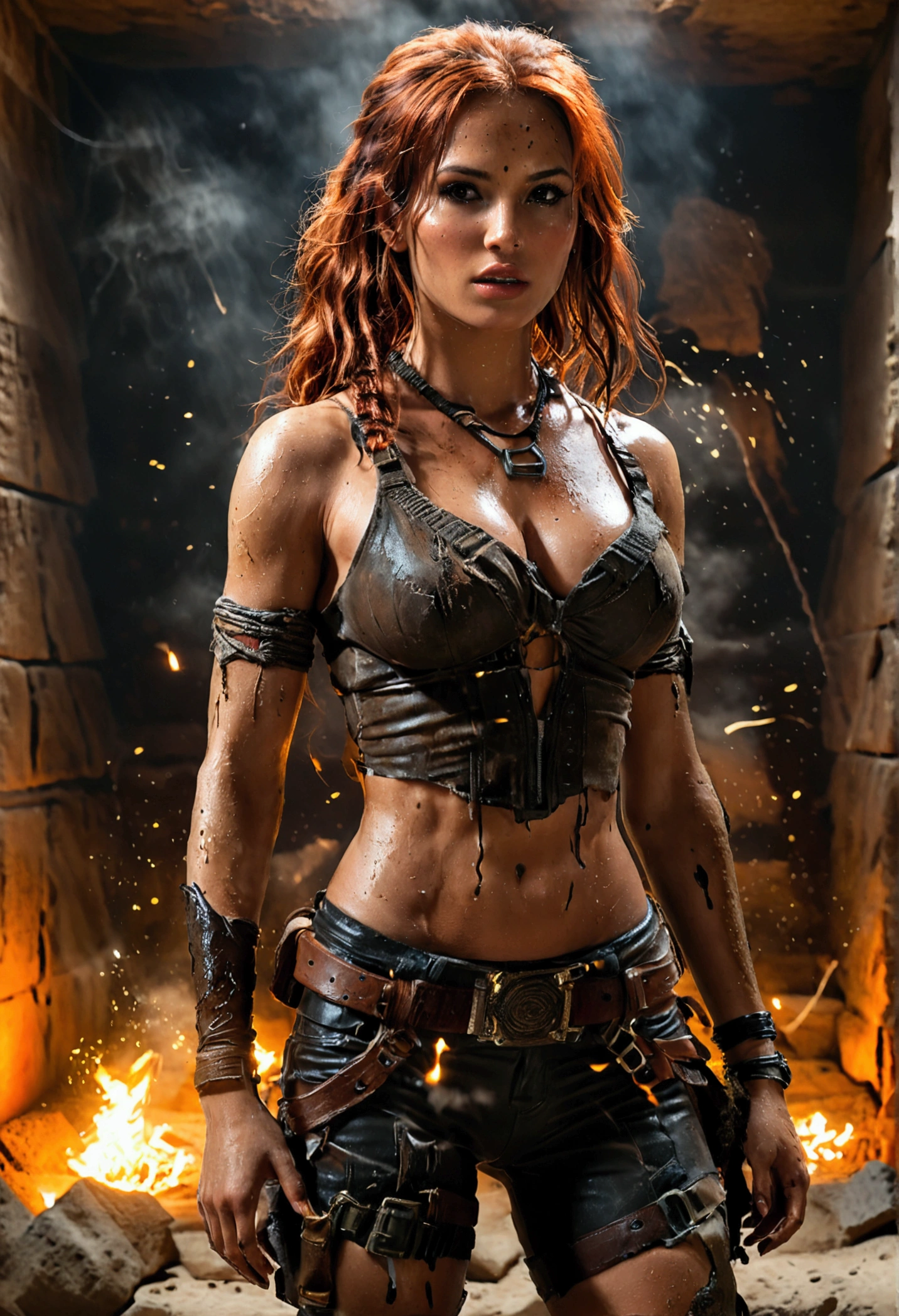(full body shot:1) photorealistic image of a (jumping pose:1) ultrarealistic, photography, long red hair, woman, 24 years old, hourglass figure, perfect body, Flirty look, natural medium breasts, blur background, Full body picture, Lara Croft costume with slightly shiny tanned skin dressed in a Lara Croft outfit, with a very ripped and torn blouse with a plunging neckline, pushed down over her right shoulder; stands in a dark room lit with flickering torches on the inside of a large Egyptian pyramid. Her skin and clothes are dirty with mud. A large dark menacing shadow moves in the background. She is jumping over a deep Abyss to the other side. Side view, sideview