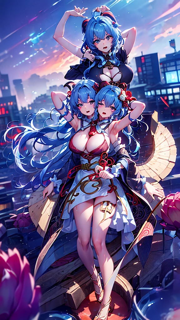 DSLR Photos, (8ก, 4K, Masterpiece),(Masterpiece, best quality), best resolution, (3 heads:1.5), aqua hair, twin tail, long hair, tear, open mouth, smile, be happy, Arms separated,hotel room, arm circle, (Put your hands on your head..), (lower hand on ankle), (lower hand on leg), Full content in the frame, full body view, (four arms),(Multi-arm),(many hands), รูปร่างเพรียวบาง Masterpiece,best quality,best resolution,1 woman,2 heads,details,Ganyu character,He has two goat horns on his head...,blue short hair,blue eyes,Wear tall clothes ,Wear a two-pronged red tie...,big breasts,simple background,Beautiful face,Beautiful hair,beautiful eyes,beautiful body,Beautiful hands,conjoined twins