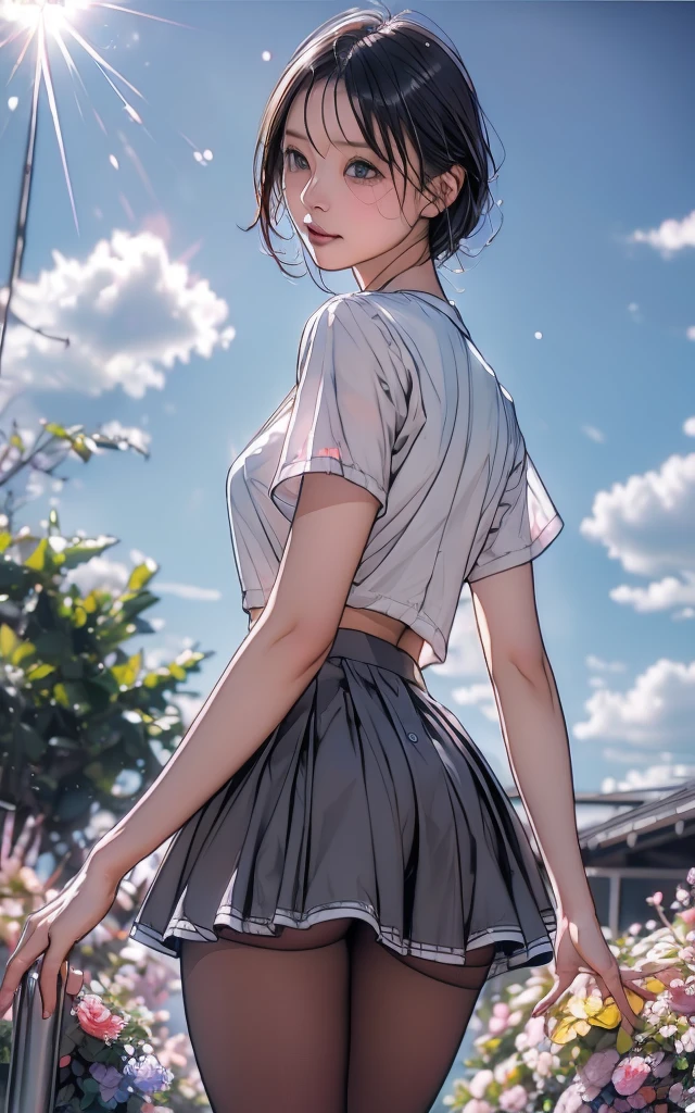 Front facing, facing this way、
Gal's more beautiful smile、
More cute casual summer outfits、Cute mini skirt、
More beautiful thighore beautiful colorful pantyhose、
Beautiful dark clouds, (Cowboy Shot:1.4), Beautiful and realistic,
Beautiful masterpiece, Beautiful and top quality, Beautiful backlight, (Lens flare:1.1), (bloom:1.1), (chromatic aberration:1.1)
flowerpunk